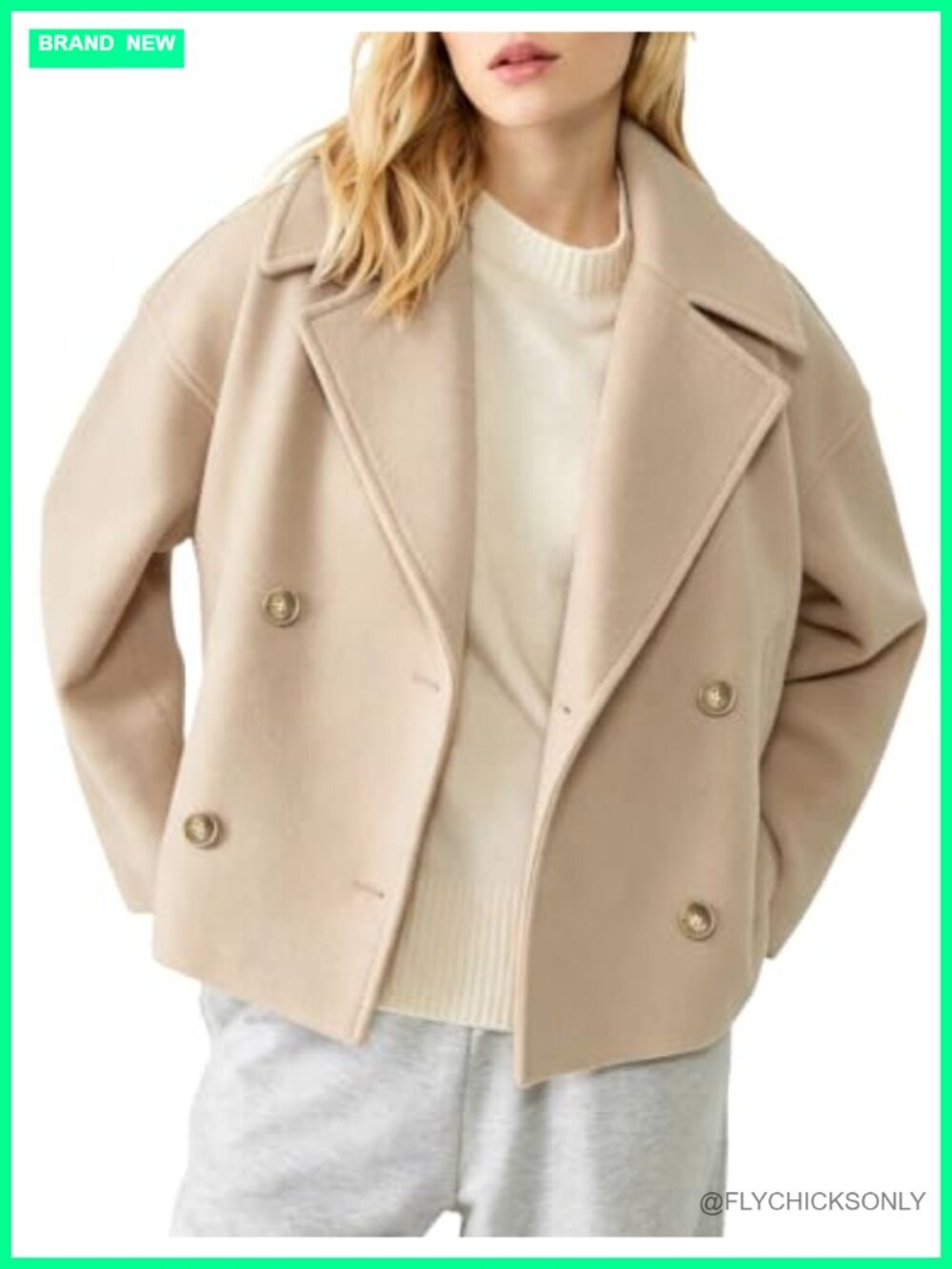 Womens Cropped Pea Coat Double Breasted Wool Blend Jacket